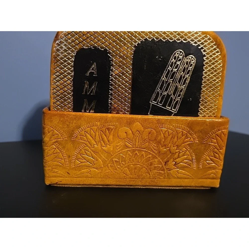 Vintage Egyptian Coasters Set of 6 Golden Leather with‎ Embossed Holder Bareware